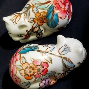 Hand Painted Floral Ceramic Cat Figurine 3.7" x 2.3" and 2.2" tall